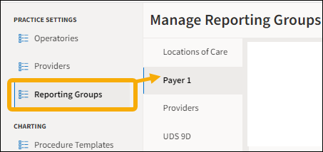 Practice Settings menu list with a yellow highlight box around Reporting groups and a yellow arrow pointing towards Payer 1.